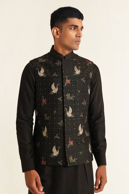 Shop_Dhruv Vaish_Black Silk Embroidery Jawahar Jacket _Online_at_Aza_Fashions