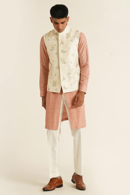 Dhruv Vaish Ivory Silk Bird Embroidered Jawahar Jacket 