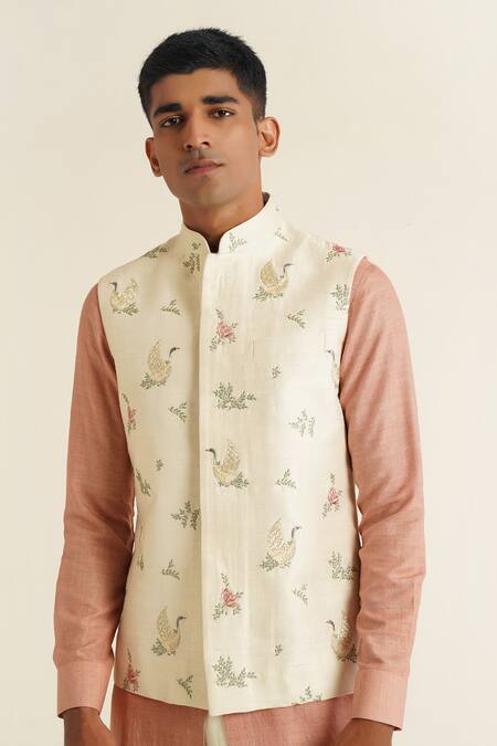 Dhruv Vaish_Ivory Silk Embroidery Bird Jawahar Jacket _Online_at_Aza_Fashions