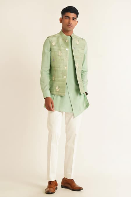 Dhruv Vaish Jade Mist Floral Embroidered Jawahar Jacket 