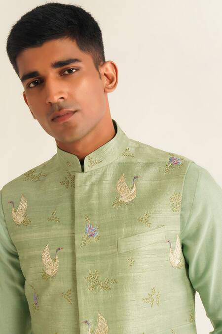 Dhruv Vaish_Green Silk Zari, Embroidery Jade Mist Floral Jawahar Jacket _Online_at_Aza_Fashions
