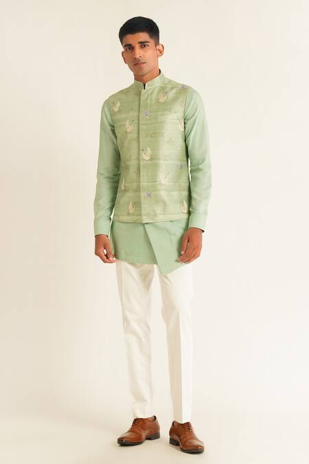 Buy_Dhruv Vaish_Green Silk Zari, Embroidery Jade Mist Floral Jawahar Jacket _Online_at_Aza_Fashions