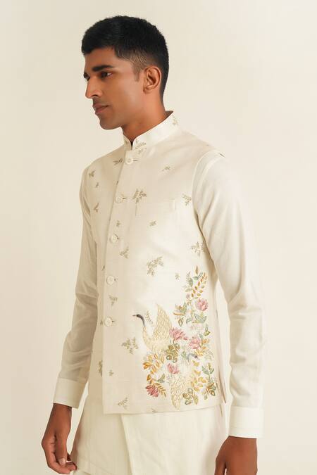 Buy_Dhruv Vaish_Ivory Silk Zari, Embroidery Thread Jawahar Jacket_Online_at_Aza_Fashions