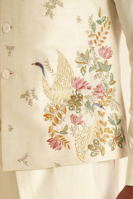 Shop_Dhruv Vaish_Ivory Silk Zari, Embroidery Thread Jawahar Jacket_Online_at_Aza_Fashions