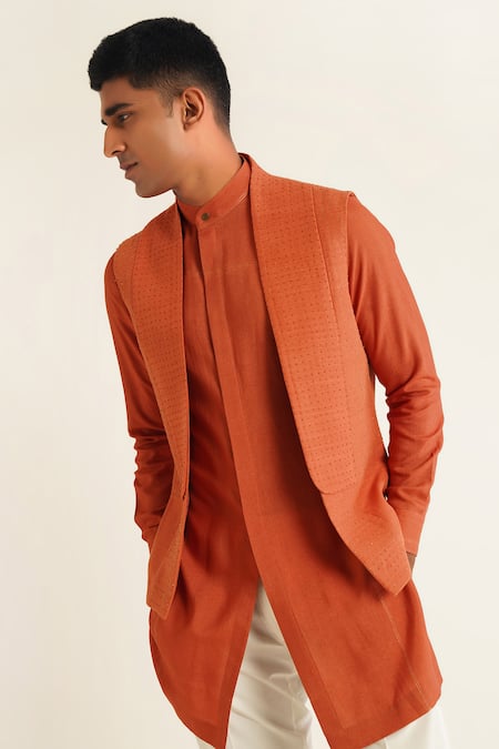 Shop Dhruv Vaish Orange Silk Embroidery Jawahar Jacket And Kurta Set Online at Aza Fashions Shop_Dhruv Vaish_Orange Silk Embroidery Jawahar Jacket And Kurta Set_Online_at_Aza_Fashions