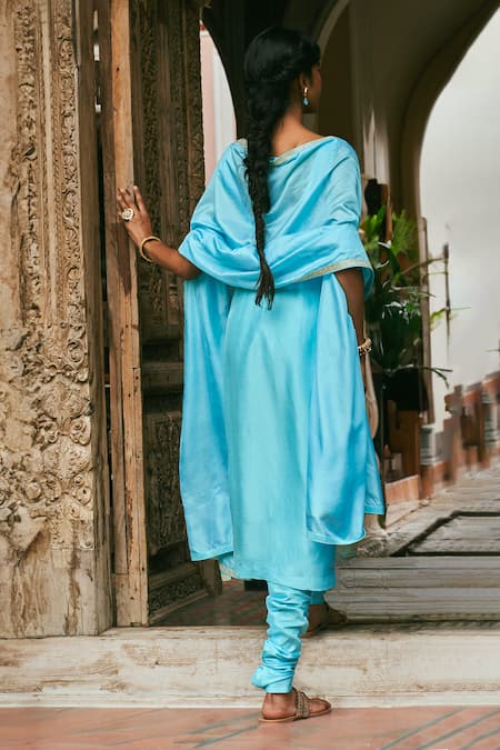 Shop The Whole Nine Yards Blue Silk Embroidery Round Neck Aambar Placement Kurta Churidar Set at Aza Fashions Shop_The Whole Nine Yards_Blue Silk Embroidery Round Neck Aambar Placement Kurta Churidar Set _at_Aza_Fashions