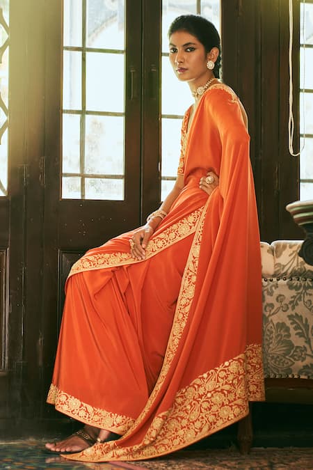 The Whole Nine Yards Orange Silk Embroidery Scoop Neck Chandrika Kashmiri Border Saree With Blouse Online at Aza Fashions The Whole Nine Yards_Orange Silk Embroidery Scoop Neck Chandrika Kashmiri Border Saree With Blouse _Online_at_Aza_Fashions