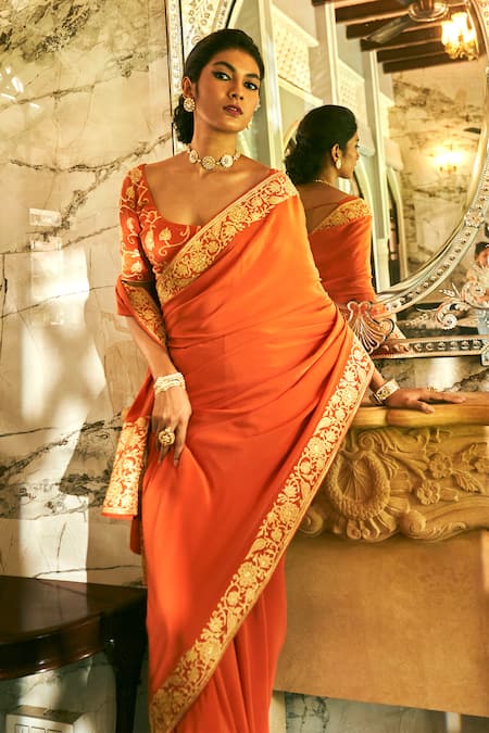 Orange Pure Crepe Silk Embroidered Saree Set Design by The Whole Nine Yards  at Pernia's Pop Up Shop 2024