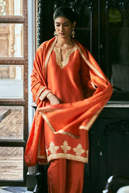 Buy The Whole Nine Yards Orange Silk Embroidery Split V-neck Nalika Placement Hand Kurta Pant Set Online at Aza Fashions Buy_The Whole Nine Yards_Orange Silk Embroidery Split V-neck Nalika Placement Hand Kurta Pant Set _Online_at_Aza_Fashions