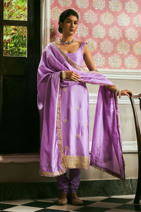 The Whole Nine Yards Purple Dupion Silk Hand Embroidery Chinar Butti Simrat Kurta Churidar Set 