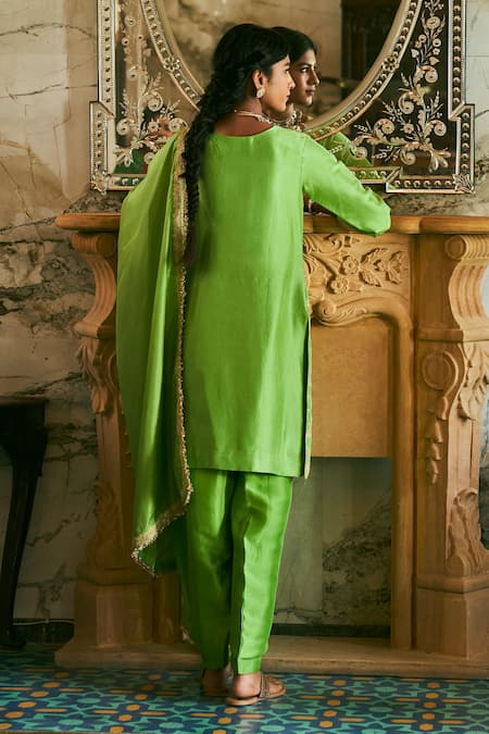Shop The Whole Nine Yards Green Silk Embroidery Round Neck Vanhi Hand Kurta Pant Set at Aza Fashions Shop_The Whole Nine Yards_Green Silk Embroidery Round Neck Vanhi Hand Kurta Pant Set _at_Aza_Fashions
