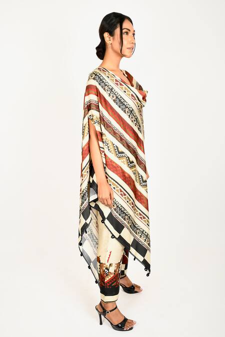 Anmol Kakad_Maroon Cotton, Silk Asymmetric Cowl Neck Cape Pant Set_Online_at_Aza_Fashions