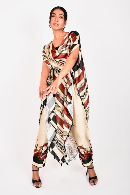 Buy_Anmol Kakad_Maroon Cotton, Silk Asymmetric Cowl Neck Cape Pant Set_Online_at_Aza_Fashions