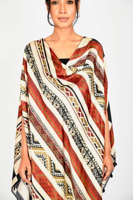 Shop_Anmol Kakad_Maroon Cotton, Silk Asymmetric Cowl Neck Cape Pant Set_Online_at_Aza_Fashions