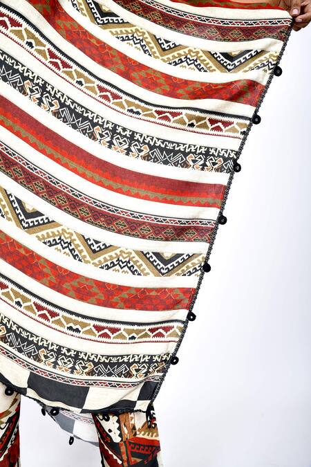 Anmol Kakad_Maroon Cotton, Silk Asymmetric Cowl Neck Cape Pant Set_at_Aza_Fashions