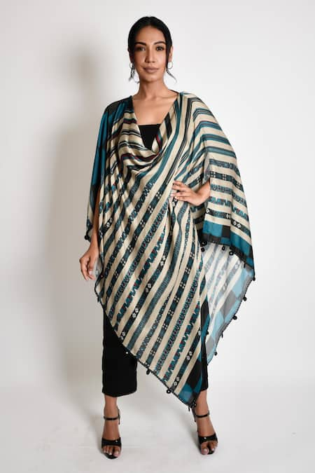 Anmol Kakad Blue Cotton Silk Cowl Asymmetric Cape Straight Pant Set  