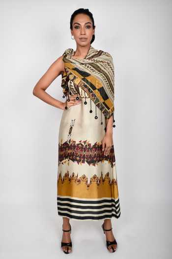 Anmol Kakad_Maroon Crepe, Cotton Tassels Off-shoulder Geometric Print Tube Dress With Stole_Online_at_Aza_Fashions