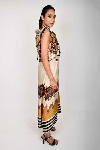 Buy_Anmol Kakad_Maroon Crepe, Cotton Tassels Off-shoulder Geometric Print Tube Dress With Stole_Online_at_Aza_Fashions
