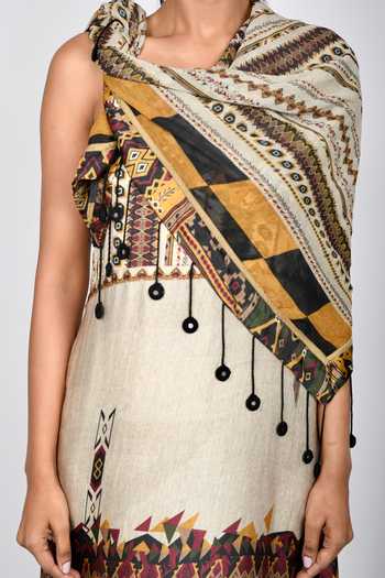 Shop_Anmol Kakad_Maroon Crepe, Cotton Tassels Off-shoulder Geometric Print Tube Dress With Stole_Online_at_Aza_Fashions