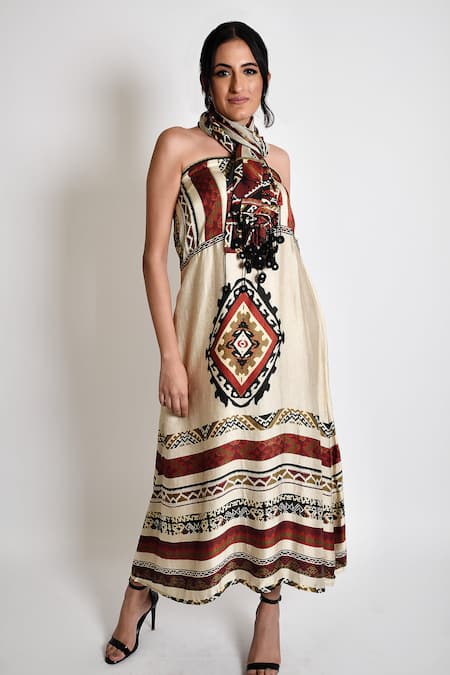 Anmol Kakad Geometric Placement Print Dress With Stole 