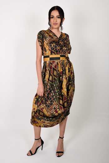 Anmol Kakad_Yellow Cotton, Silk V-neck Cowl Dress With Belt_Online_at_Aza_Fashions