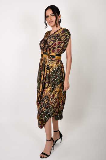Buy_Anmol Kakad_Yellow Cotton, Silk V-neck Cowl Dress With Belt_Online_at_Aza_Fashions