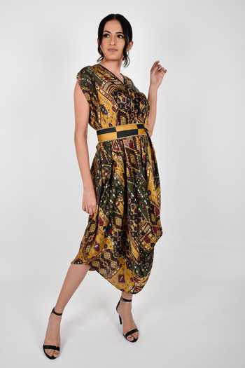 Shop_Anmol Kakad_Yellow Cotton, Silk V-neck Cowl Dress With Belt_Online_at_Aza_Fashions