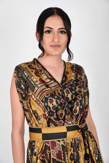 Anmol Kakad_Yellow Cotton, Silk V-neck Cowl Dress With Belt_at_Aza_Fashions