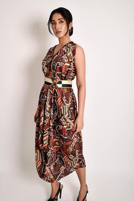 Anmol Kakad_Maroon Cotton, Silk V-neck Cowl Draped Dress With Belt_Online_at_Aza_Fashions