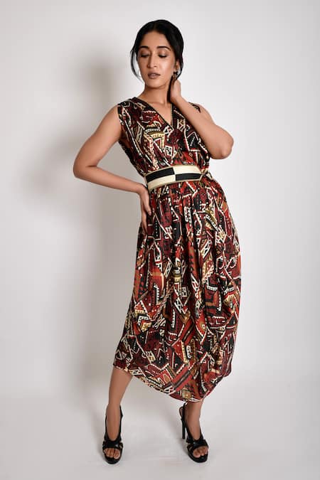 Buy_Anmol Kakad_Maroon Cotton, Silk V-neck Cowl Draped Dress With Belt_Online_at_Aza_Fashions