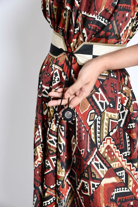 Anmol Kakad_Maroon Cotton, Silk V-neck Cowl Draped Dress With Belt_at_Aza_Fashions