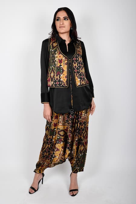 Anmol Kakad Yellow Silk, Cotton Embroidery Collared Printed Koti Vest With Turkish Pant Set