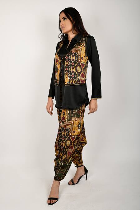 Anmol Kakad Yellow Silk, Cotton Embroidery Collared Printed Koti Vest With Turkish Pant Set Online at Aza Fashions Anmol Kakad_Yellow Silk, Cotton Embroidery Collared Printed Koti Vest With Turkish Pant Set_Online_at_Aza_Fashions