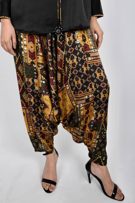 Shop Anmol Kakad Yellow Silk, Cotton Embroidery Collared Printed Koti Vest With Turkish Pant Set Online at Aza Fashions Shop_Anmol Kakad_Yellow Silk, Cotton Embroidery Collared Printed Koti Vest With Turkish Pant Set_Online_at_Aza_Fashions