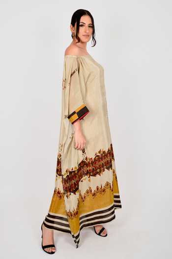 Anmol Kakad_Yellow Crepe Off-shoulder Off Printed Dress_Online_at_Aza_Fashions