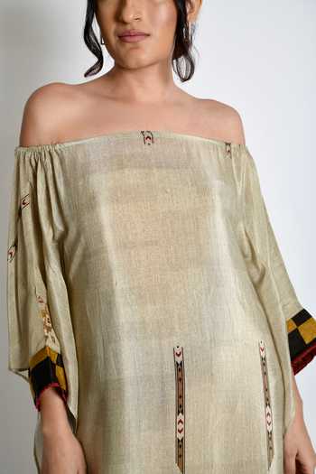 Shop_Anmol Kakad_Yellow Crepe Off-shoulder Off Printed Dress_Online_at_Aza_Fashions