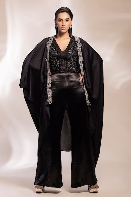 GEE SIN by Geetanjali Singh Black Jumpsuit Satin Hand Embroidered Beads V Neck Bodice With Cape