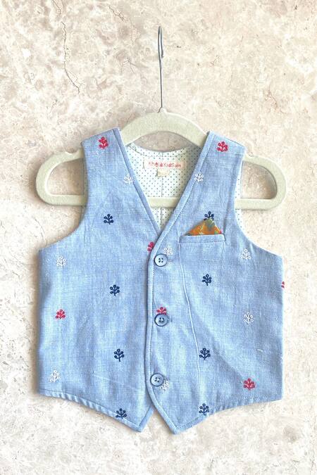 Khela Blue Cotton Hand Embroidered Floral Motifs Waistcoat With Chinos Set at Aza Fashions Khela_Blue Cotton Hand Embroidered Floral Motifs Waistcoat With Chinos Set_at_Aza_Fashions