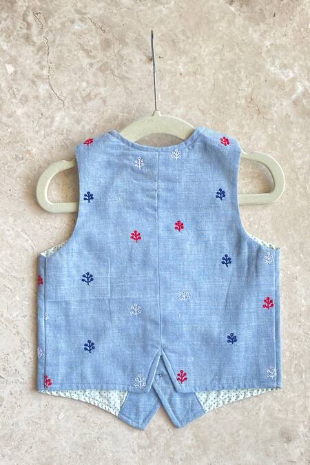 Buy Khela Blue Cotton Hand Embroidered Floral Motifs Waistcoat With Chinos Set Buy_Khela_Blue Cotton Hand Embroidered Floral Motifs Waistcoat With Chinos Set