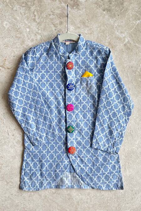 Khela Blue Cotton, Chanderi Abstract Pattern Sherwani And Dhoti Pant Set Online at Aza Fashions Khela_Blue Cotton, Chanderi Abstract Pattern Sherwani And Dhoti Pant Set_Online_at_Aza_Fashions