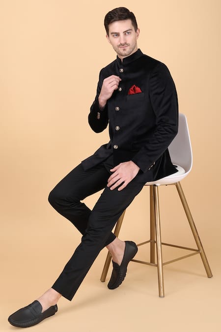 Manish Nagdeo_Black Velvet, Viscose Solid Bandhgala Set _Online_at_Aza_Fashions