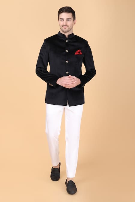 Manish Nagdeo_Black Velvet, Viscose, Silk Solid Bandhgala And Trouser Set _Online_at_Aza_Fashions