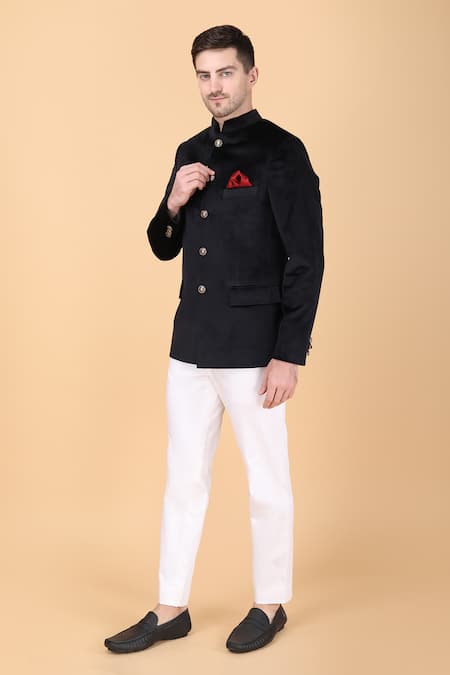 Manish Nagdeo Black Velvet, Viscose, Silk Solid Bandhgala And Trouser Set at Aza Fashions Manish Nagdeo_Black Velvet, Viscose, Silk Solid Bandhgala And Trouser Set _at_Aza_Fashions