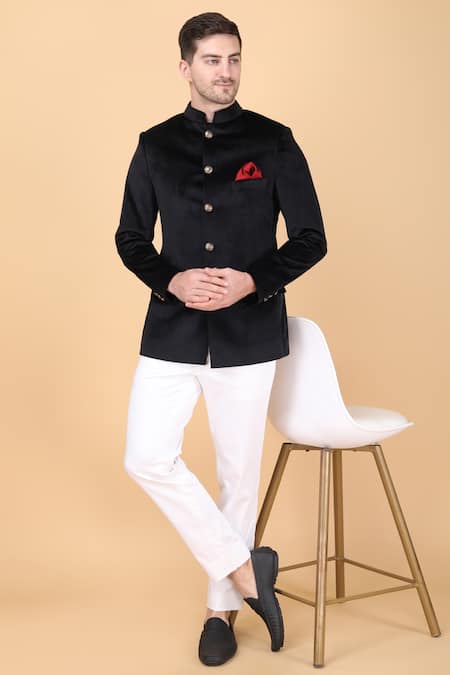 Shop Manish Nagdeo Black Velvet, Viscose, Silk Solid Bandhgala And Trouser Set Shop_Manish Nagdeo_Black Velvet, Viscose, Silk Solid Bandhgala And Trouser Set