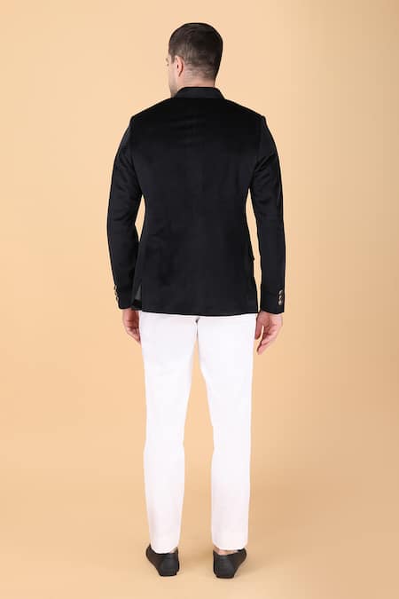 Shop Manish Nagdeo Black Velvet, Viscose, Silk Solid Bandhgala And Trouser Set at Aza Fashions Shop_Manish Nagdeo_Black Velvet, Viscose, Silk Solid Bandhgala And Trouser Set _at_Aza_Fashions