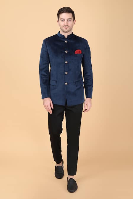 Manish Nagdeo_Blue Velvet, Viscose Plain Bandhgala And Trouser Set _Online_at_Aza_Fashions