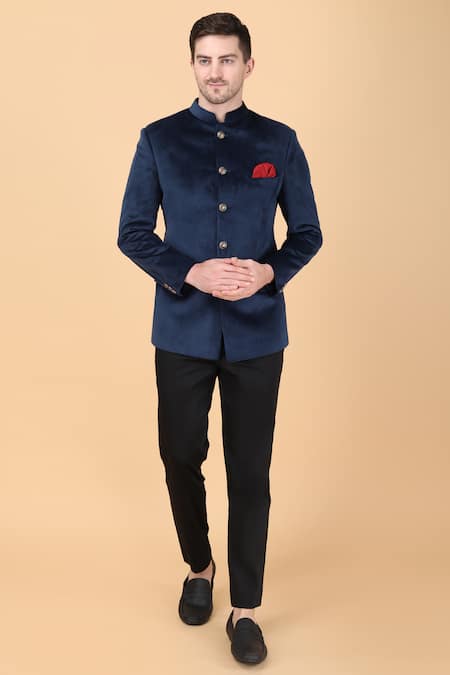 Buy Manish Nagdeo Blue Velvet, Viscose Plain Bandhgala And Trouser Set Online at Aza Fashions Buy_Manish Nagdeo_Blue Velvet, Viscose Plain Bandhgala And Trouser Set _Online_at_Aza_Fashions