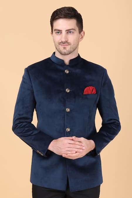 Shop Manish Nagdeo Blue Velvet, Viscose Plain Bandhgala And Trouser Set Online at Aza Fashions Shop_Manish Nagdeo_Blue Velvet, Viscose Plain Bandhgala And Trouser Set _Online_at_Aza_Fashions