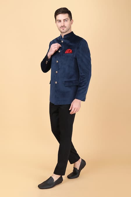 Buy Manish Nagdeo Blue Velvet, Viscose Plain Bandhgala And Trouser Set Buy_Manish Nagdeo_Blue Velvet, Viscose Plain Bandhgala And Trouser Set