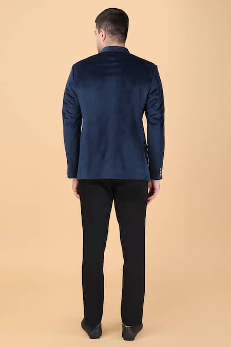 Shop Manish Nagdeo Blue Velvet, Viscose Plain Bandhgala And Trouser Set at Aza Fashions Shop_Manish Nagdeo_Blue Velvet, Viscose Plain Bandhgala And Trouser Set _at_Aza_Fashions